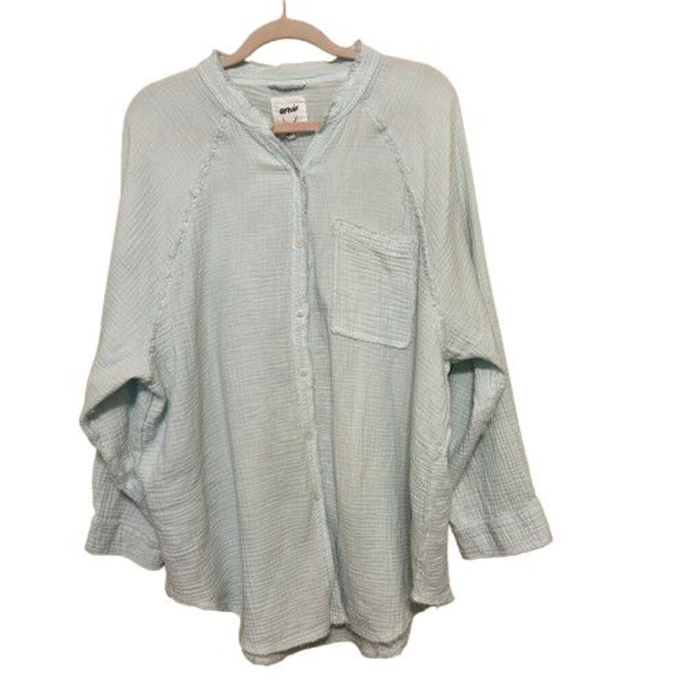 Aerie Gauze Button Up Shirt Womens Large Blue Raw Hem Oversized Beachy Boho